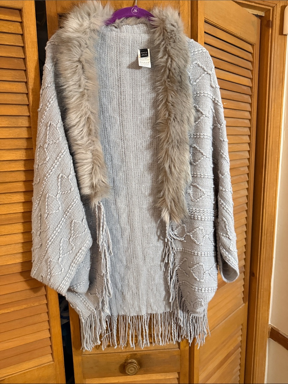 SHEIN Light Gray Knit Open-Front Cardigan with Faux Fur Trim